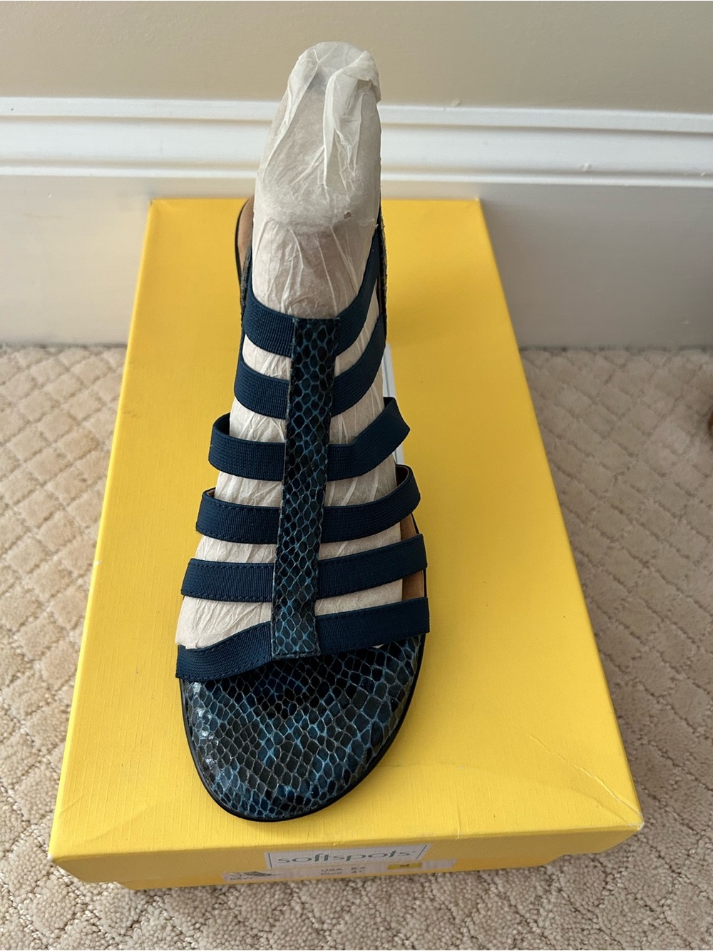 Softspots Navy Strappy Mid-heel Sandal with Snake-Print